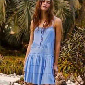 FREE PEOPLE Beach Blue Tiered Beaded Mini Dress Size M